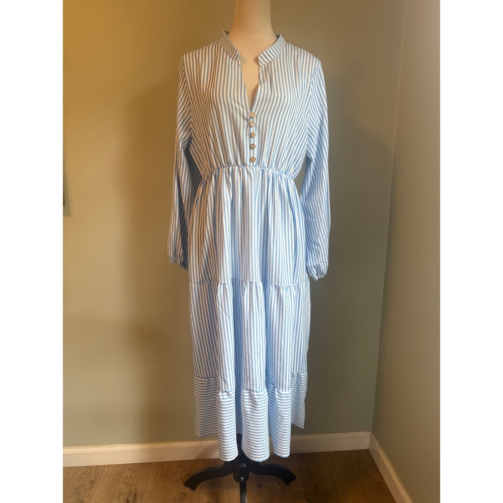 Blue White Striped Maxi Dress Long Sleeve L NWT costal preppy cottage resort boh